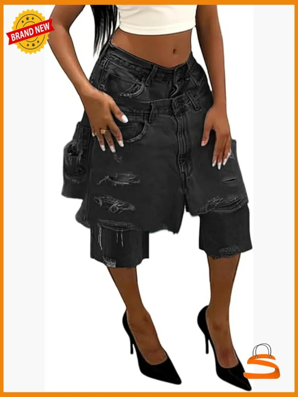 Baggy High Waist Ripped Denim Shorts Y2K Cargo Jorts Double Waist Patchwork